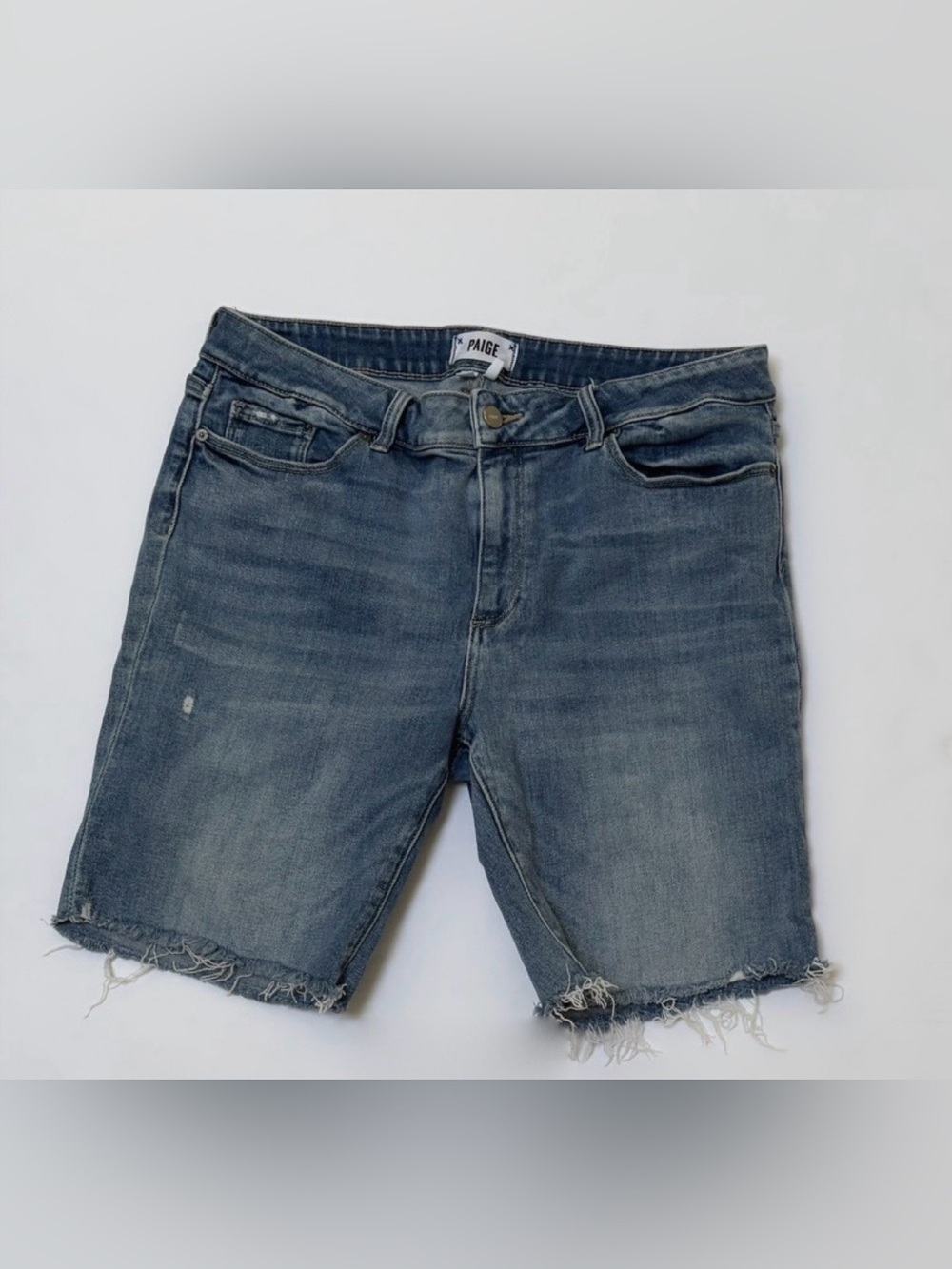 PAIGE Women’s Denim Cutoff Bermuda Shorts Medium Wash Frayed Hem | Size: 33